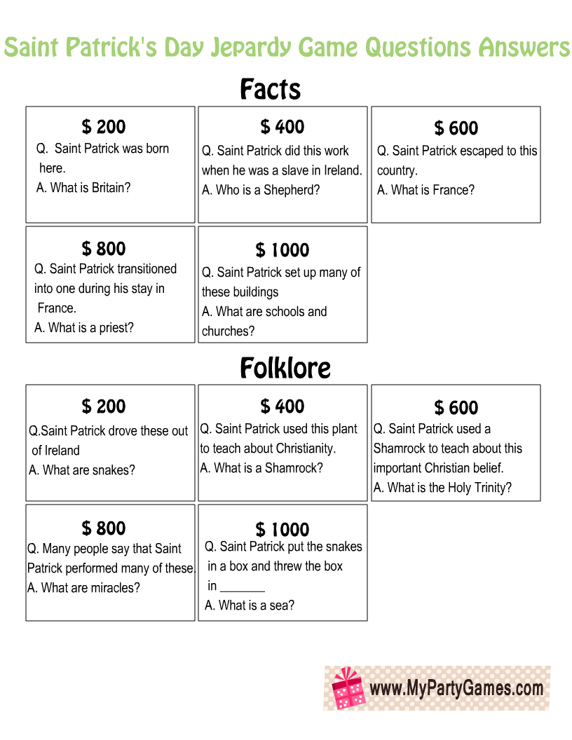 Free Printable Saint Patrick's Day Jeopardy Questions and Answers
