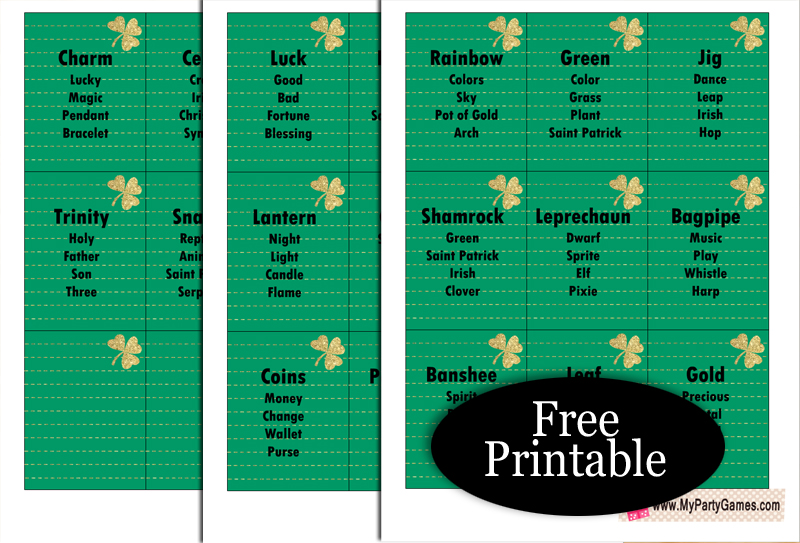 Free Printable Saint Patrick's Day Taboo-inspired game Cards