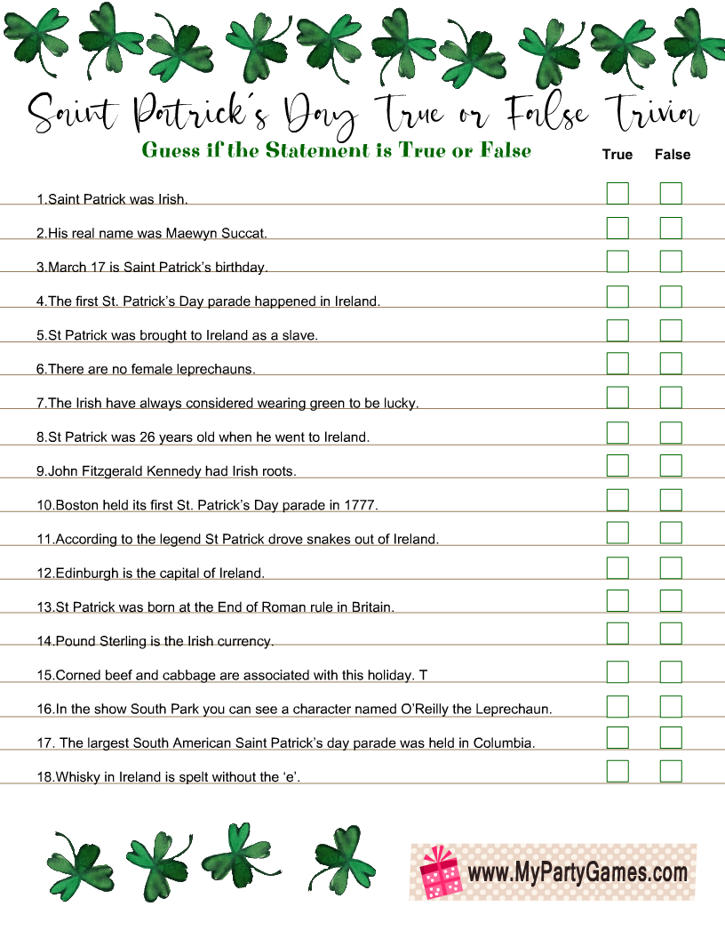 Free Printable Saint Patrick's Day True or False Trivia Quiz