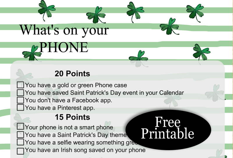 Free Printable What's on Your Phone, Saint Patrick's Day Game
