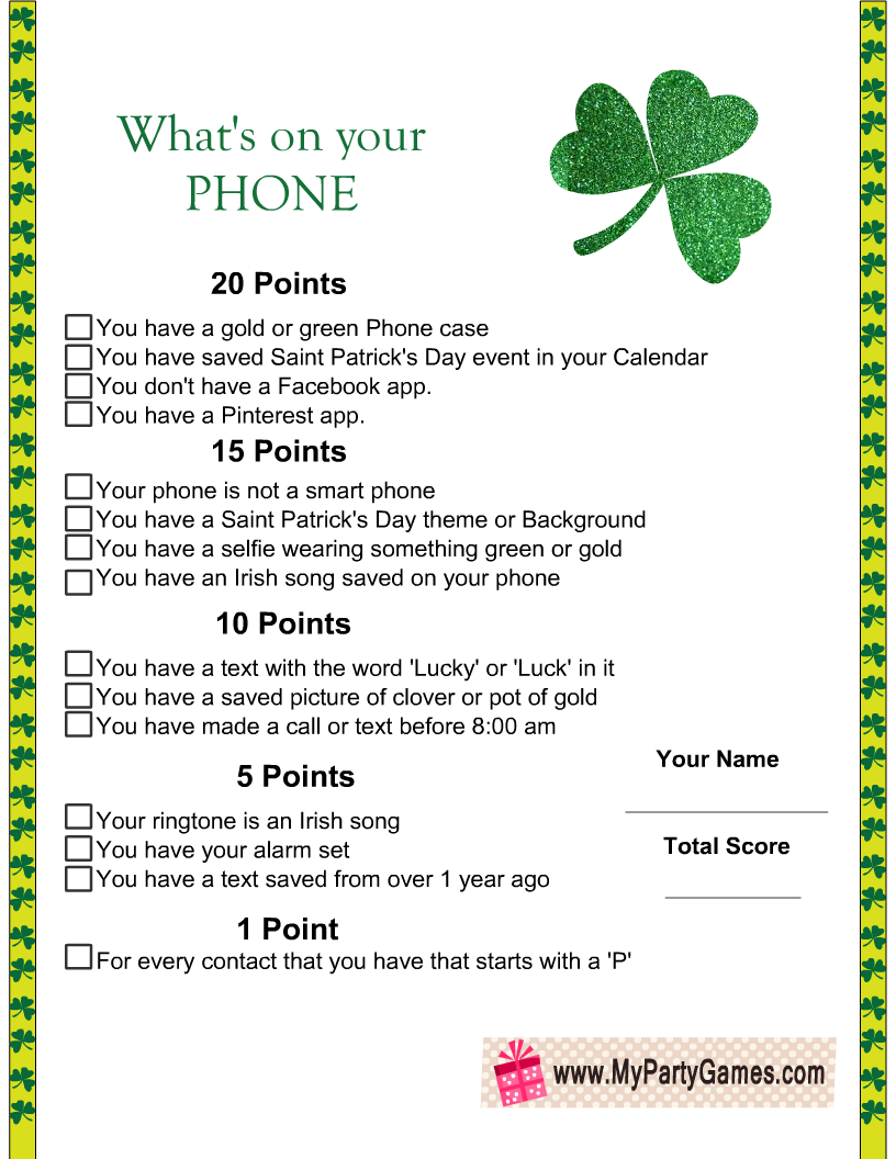 What's on Your Phone, Saint Patrick's Day Game