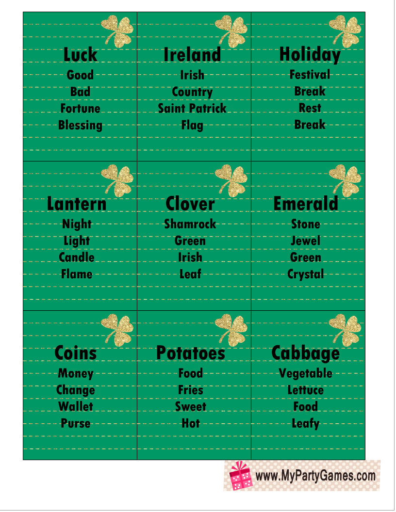 Free Printable Saint Patrick's Day Taboo-inspired game Cards