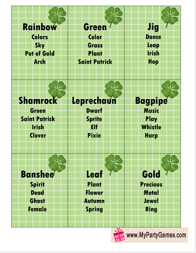 Saint Patrick's Day Taboo-inspired game Cards