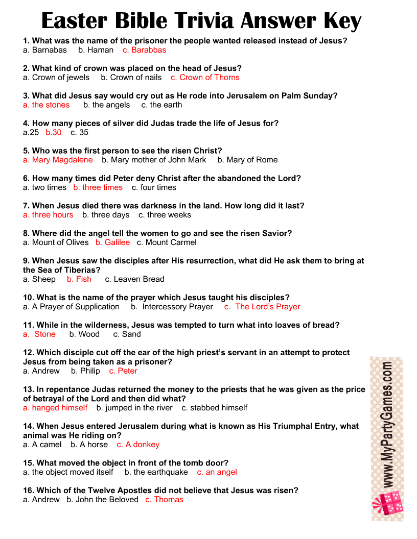Free Printable Easter Bible Trivia Quiz Answer Key