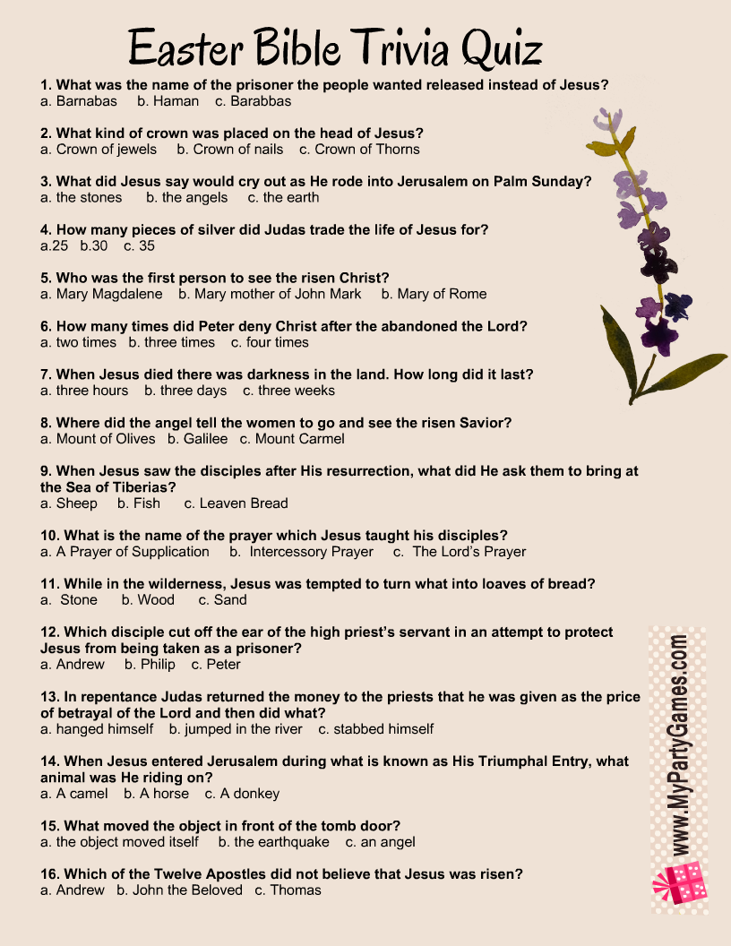 Easter Bible Trivia Quiz Free Printable
