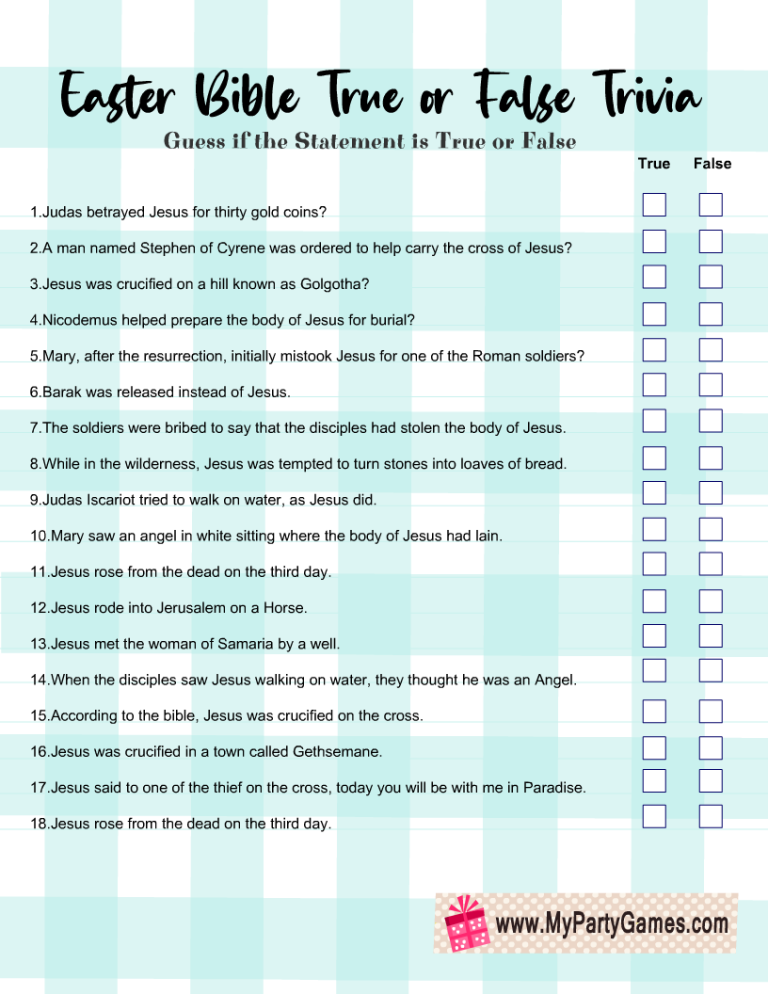 Free printable easter bible true or false trivia quiz