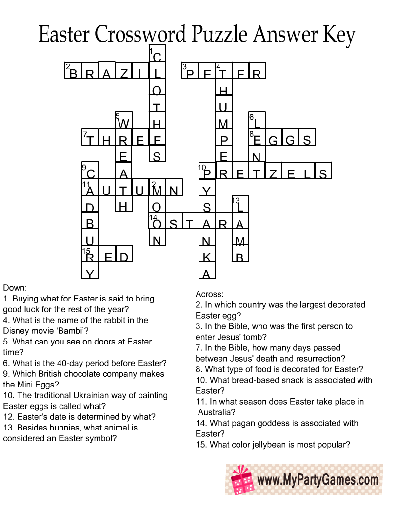 Easter Crossword Puzzle Answer Key