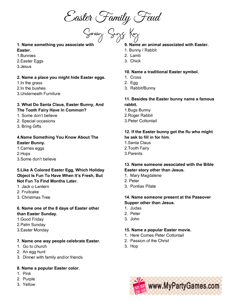 Free Printable Easter Family Feud Game Survey Result Answers Key