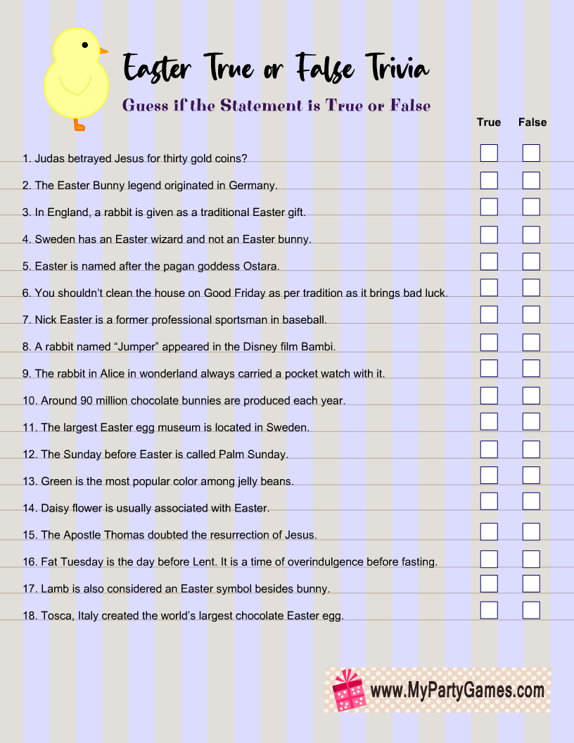 Easter True or False Trivia Quiz Free Printable