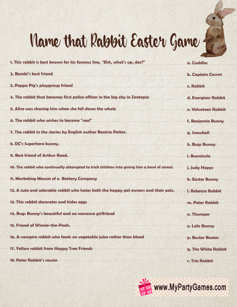 Name that Rabbit, Free Printable Easter Game