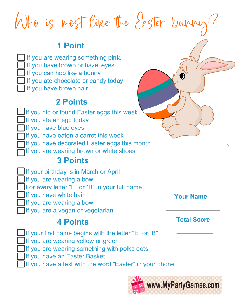 Who is most like the Easter Bunny? Free Printable Game