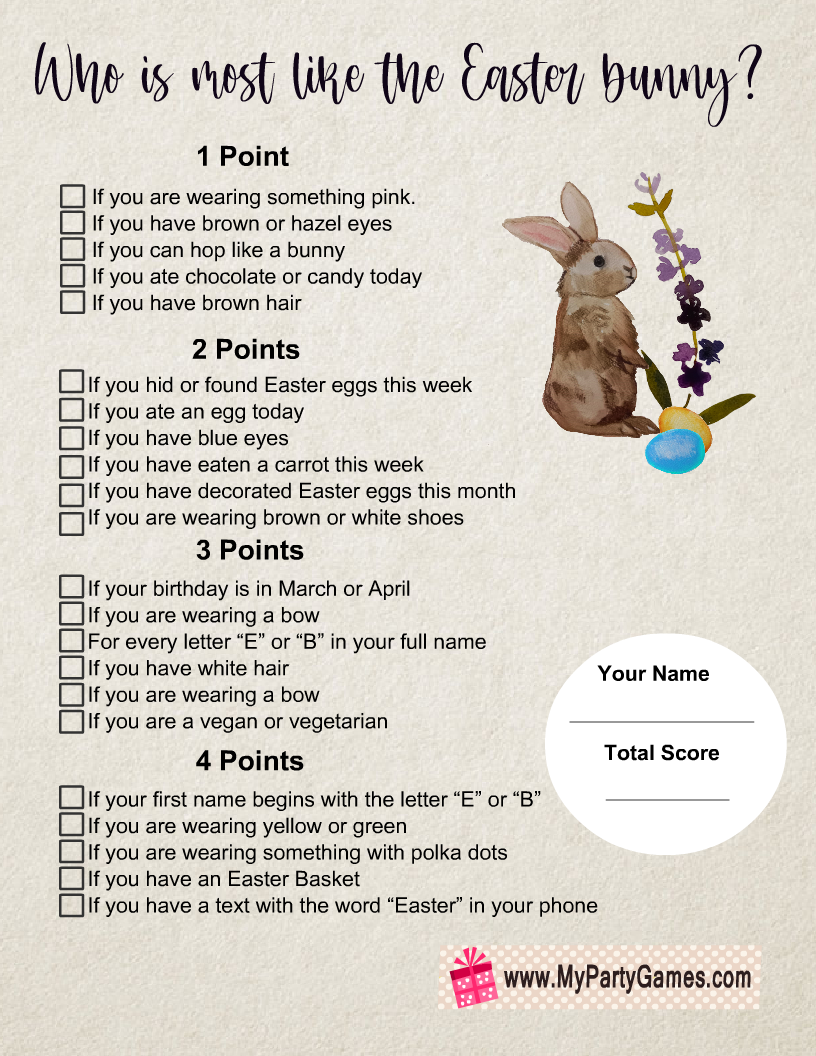 Who is most like the Easter Bunny? Printable Easter Game for Kids