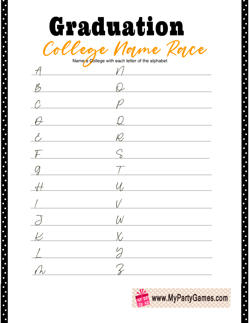 Free Printable College Name Race Game for Graduation Party