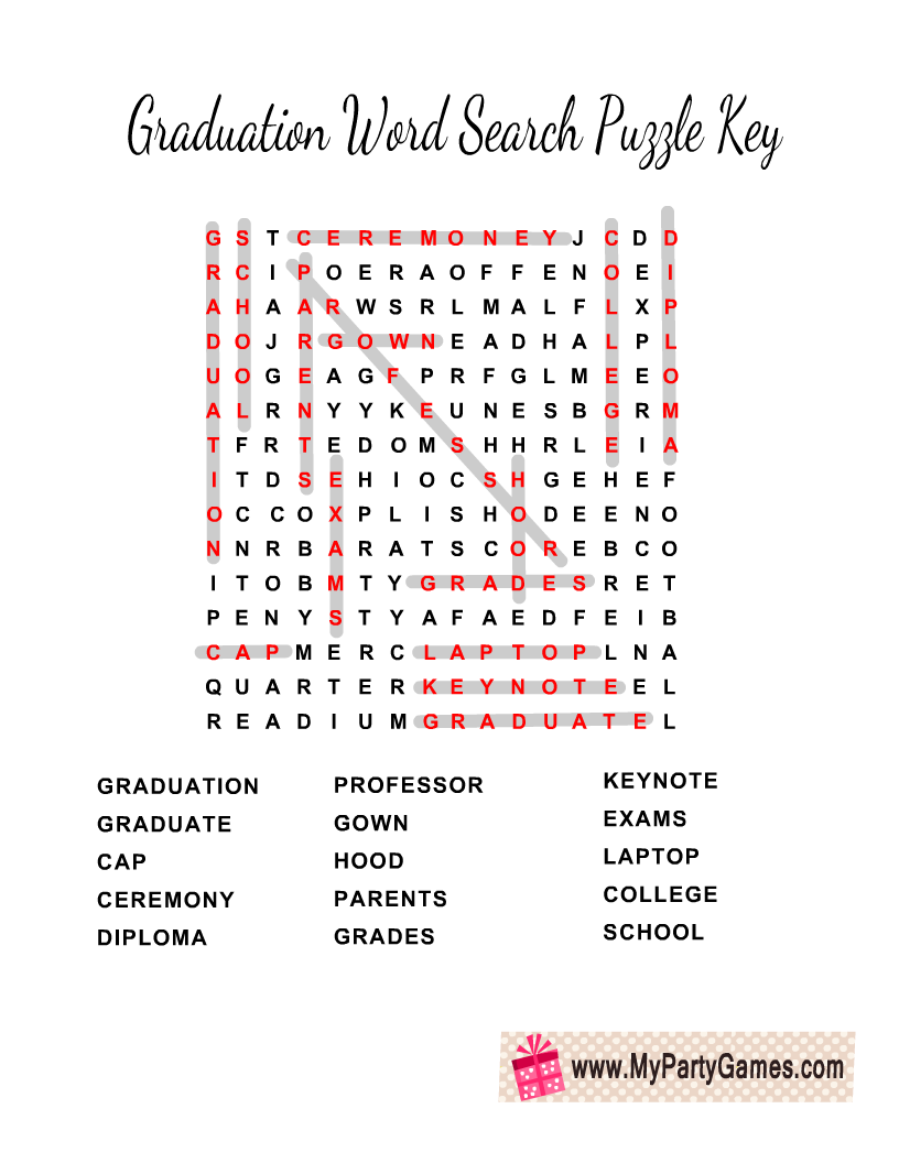 Graduation Word Search Puzzle Solution Key