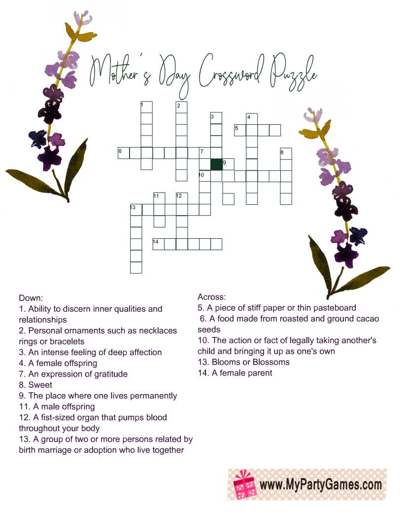 Free Printable Mother’s Day Crossword Puzzle with Solution Key