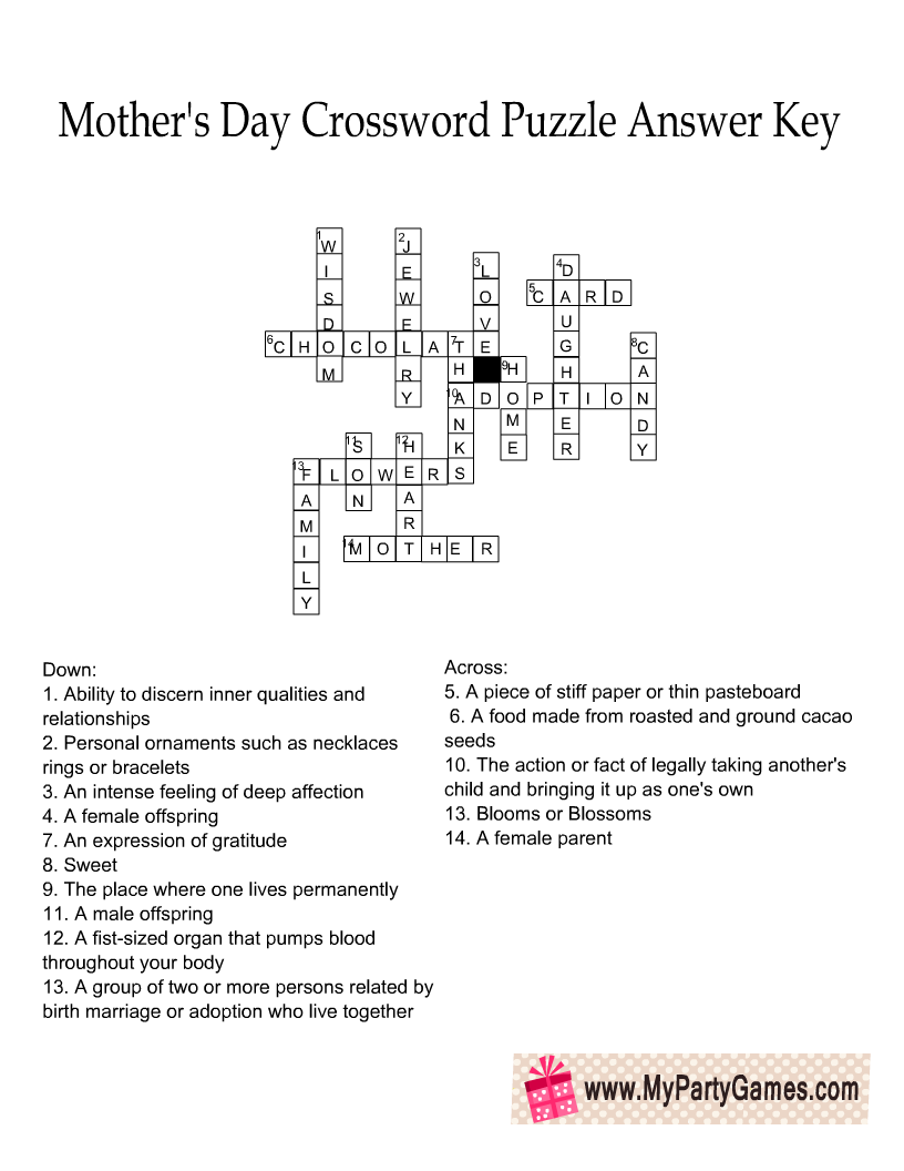 Mother's Day Crossword Puzzle Solution Key