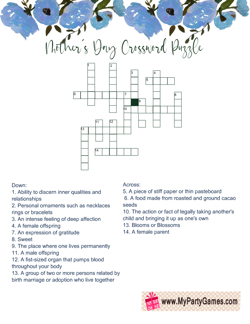Free Printable Mother’s Day Crossword Puzzle with Solution Key