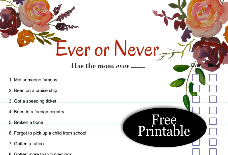 Free Printable Ever or Never Game for Mother's Day