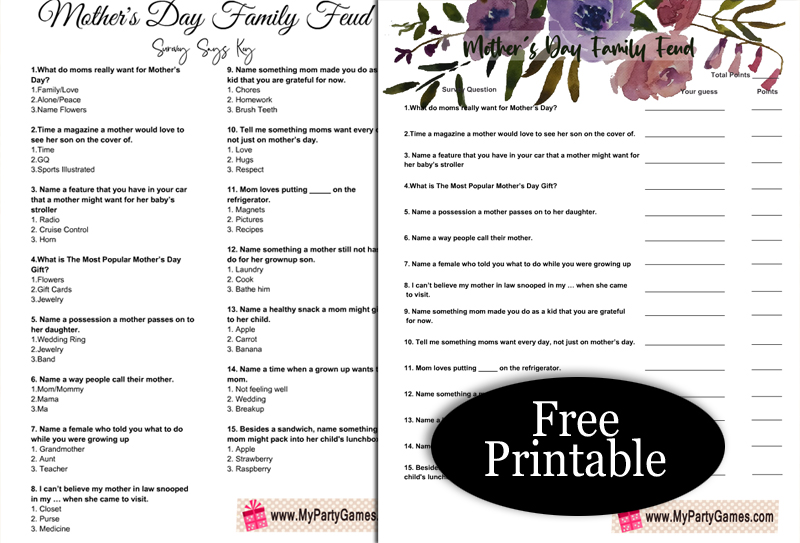 Free Printable Mother's Day Family Feud Game