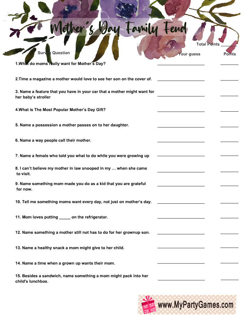 Printable Mother's Day Family Feud Game