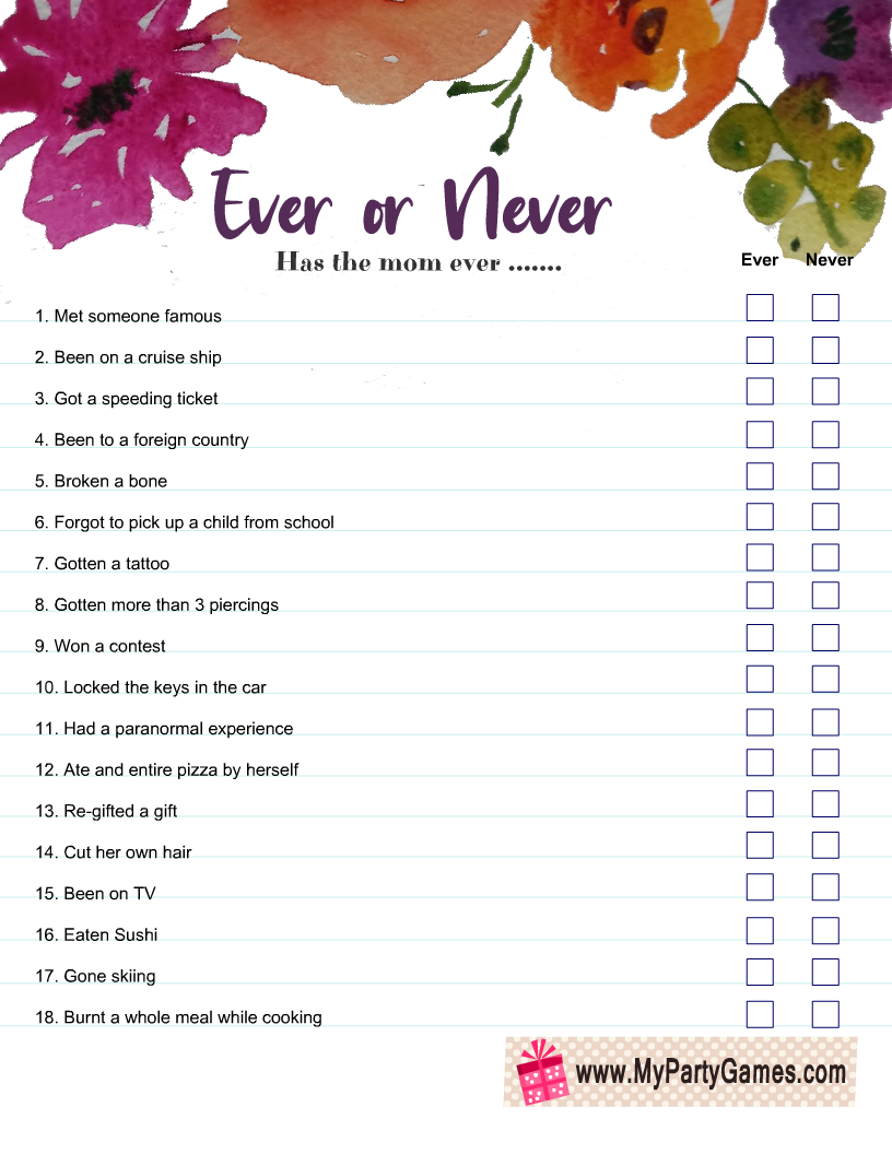 Ever or Never Game for Mother's Day, Free Printable