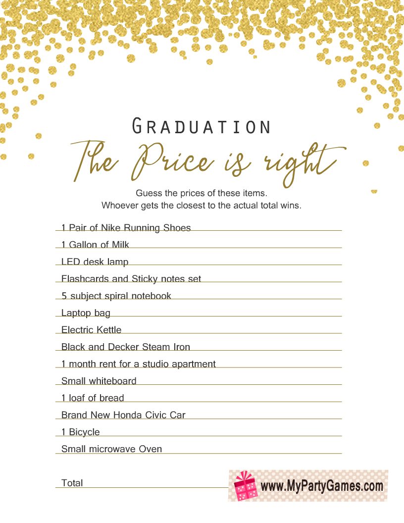 Free Printable The Price is Right Graduation Game