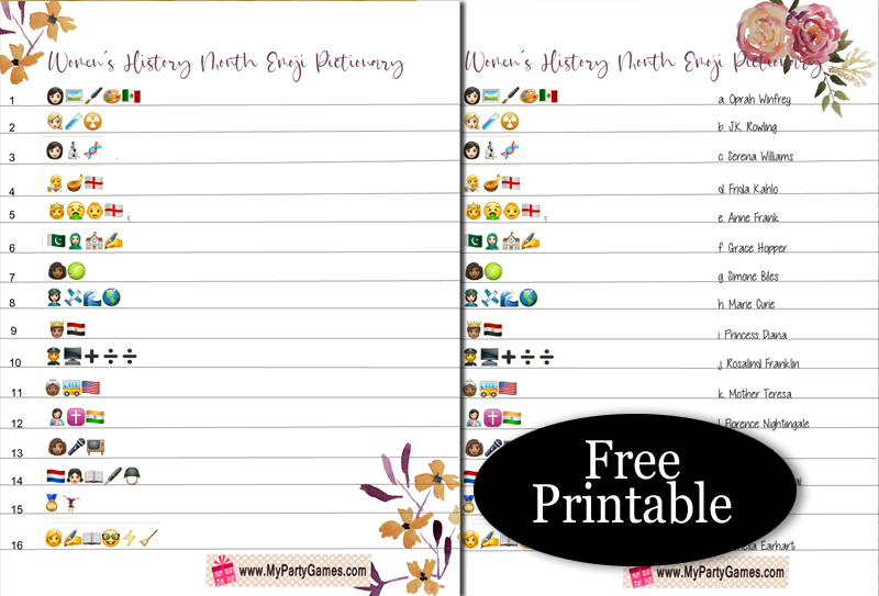 Free Printable Women's History Month Emoji Pictionary Quiz