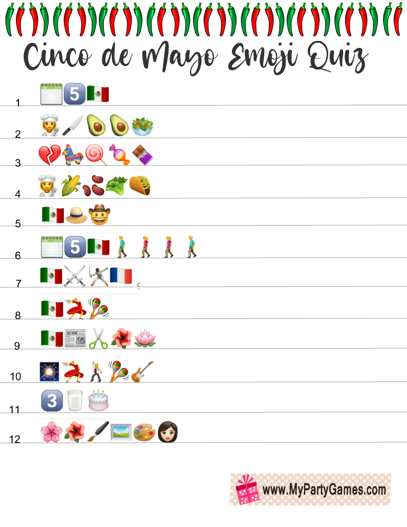 Free Printable Cinco de Mayo Mexican Emoji Pictionary Quiz