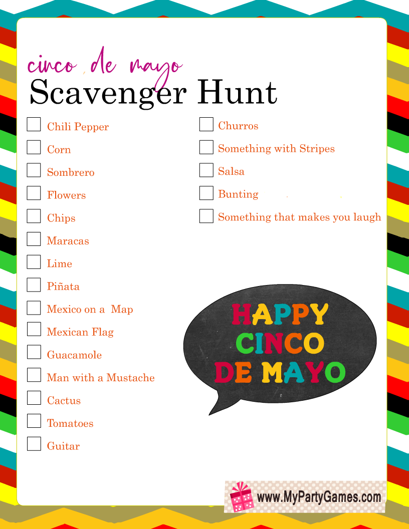 Cinco de Mayo Scavenger Hunt Game for Kids, Free Printable