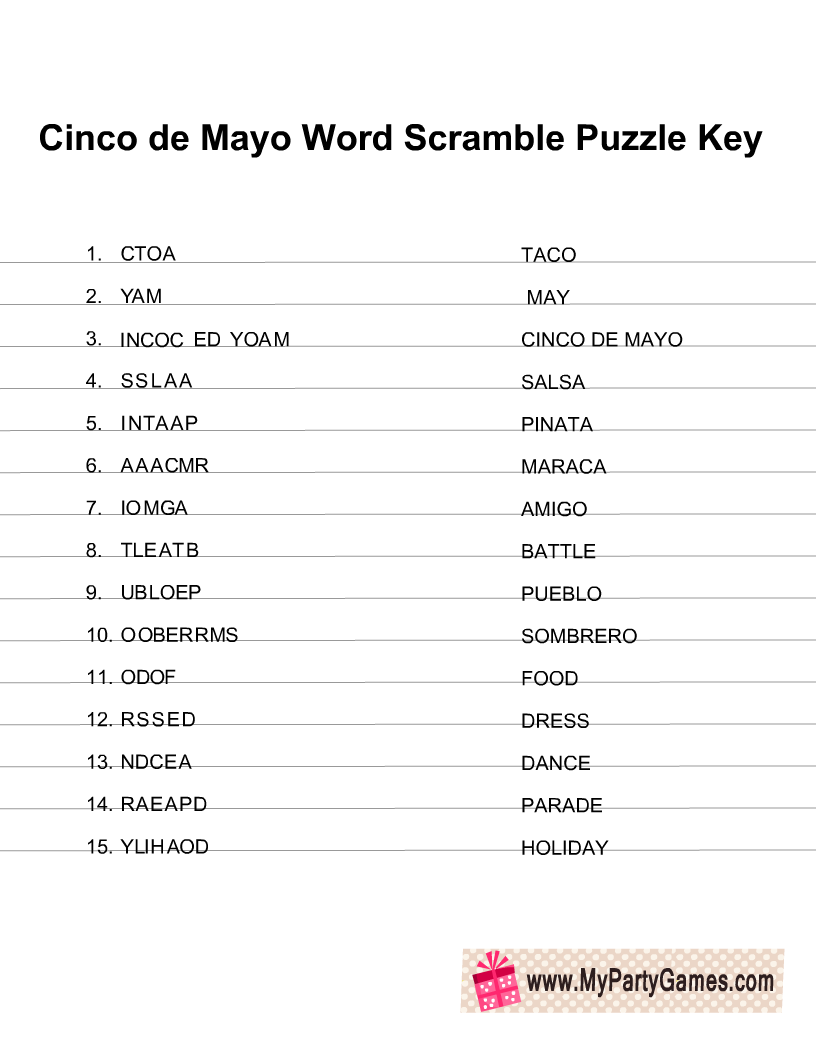 Cinco de Mayo Word Scramble Puzzle Answer Key