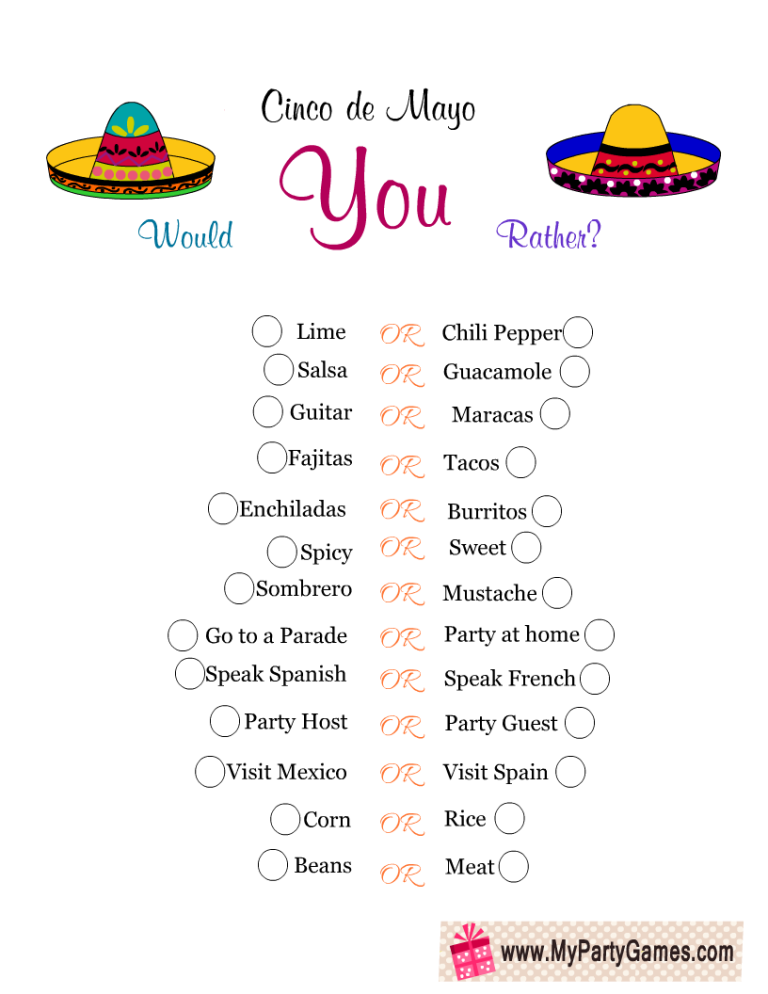 Free Printable Cinco de Mayo Would you Rather? Game