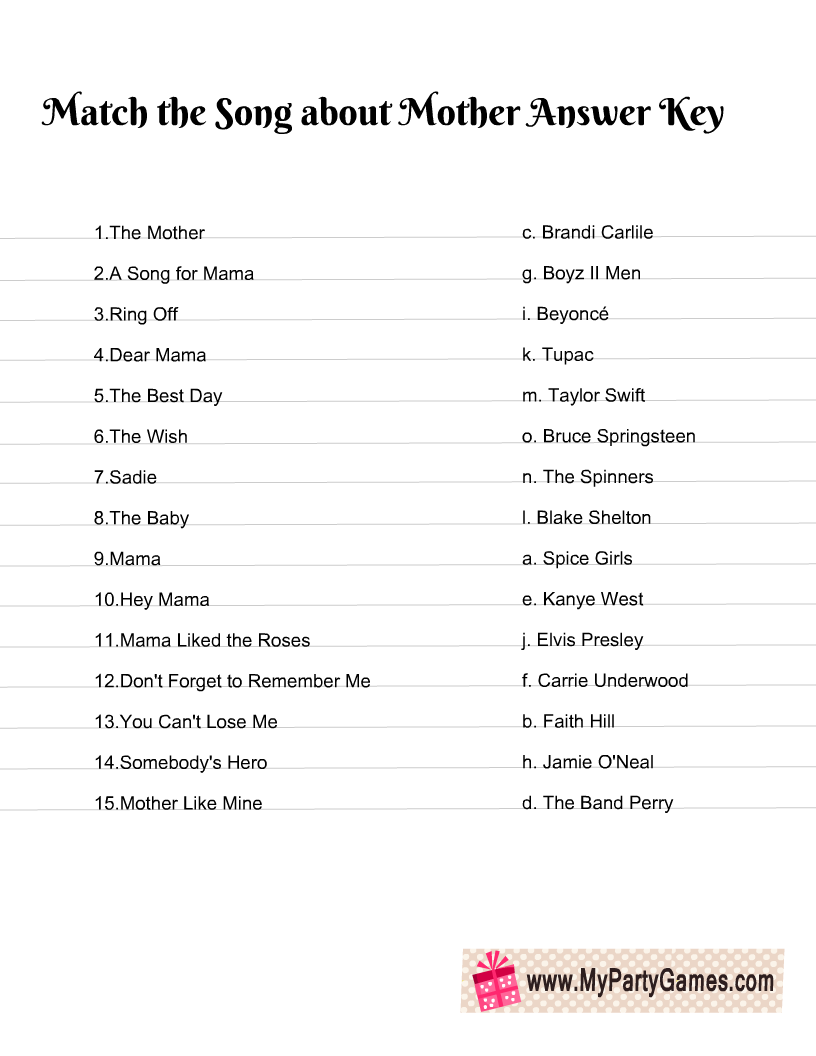 Match the Mom Songs, Mother's Day Game