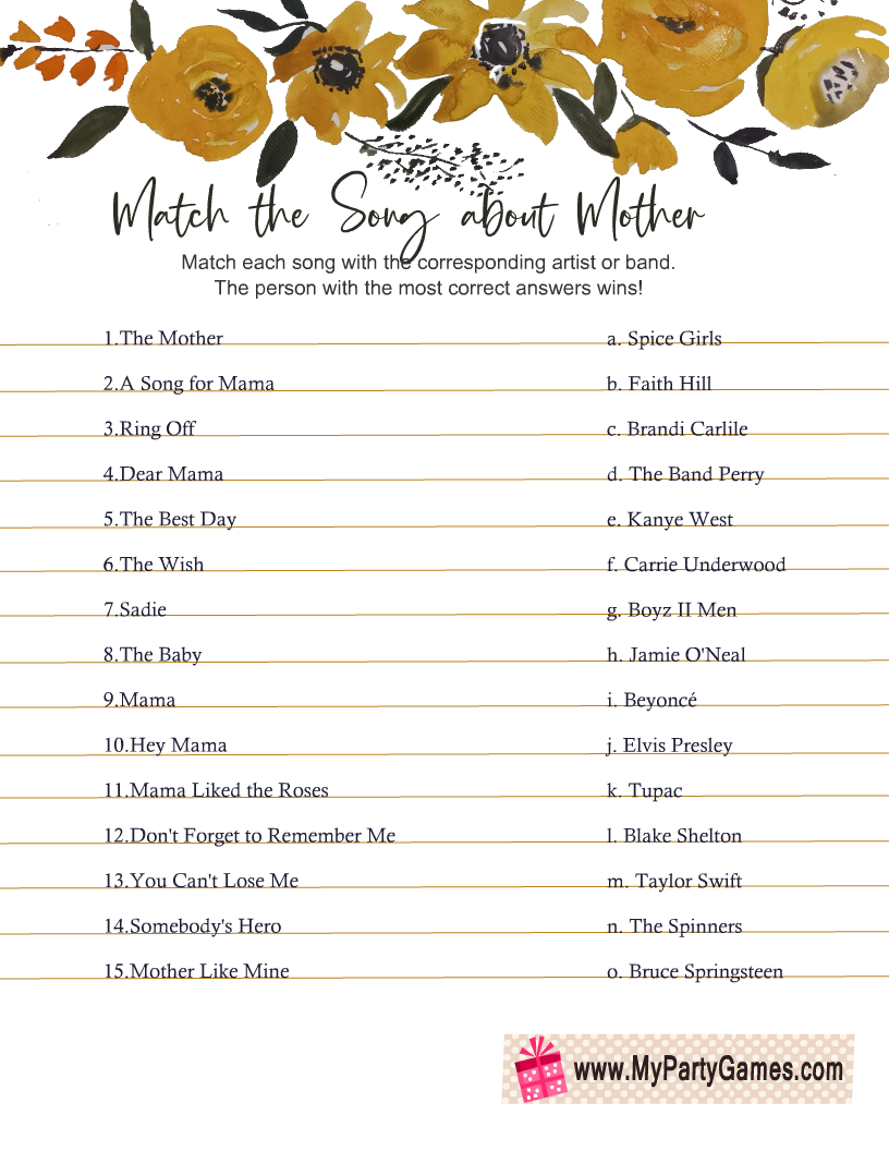 Free Printable Match the Mom Songs, Mother's Day Game