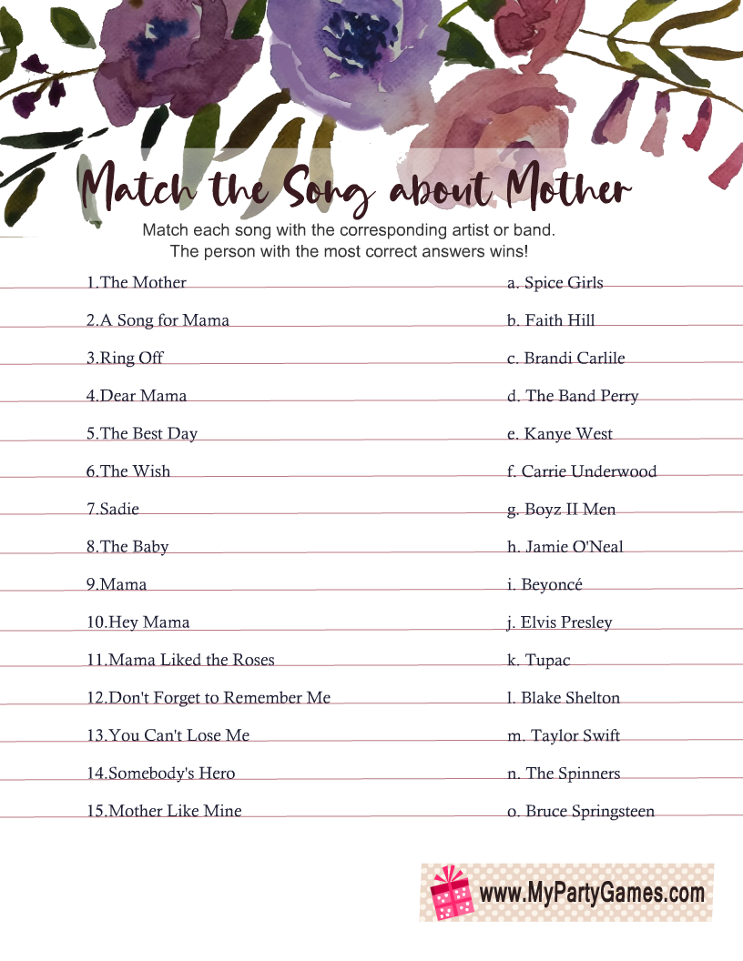 Match the Mom Songs, Mother's Day Game