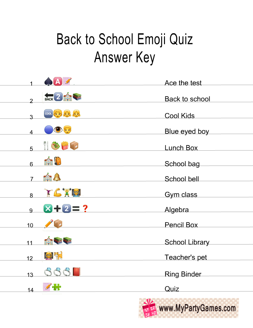 Back-to-School Emoji Pictionary Quiz Answer Key