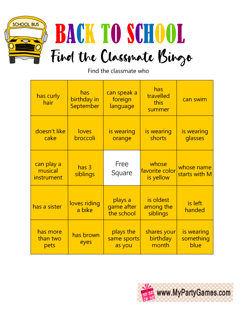 Free Printable Find the Classmate Bingo for Back-to-School 