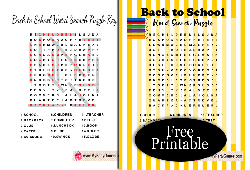 Free Printable Back-to-School Word Search Puzzle with Key