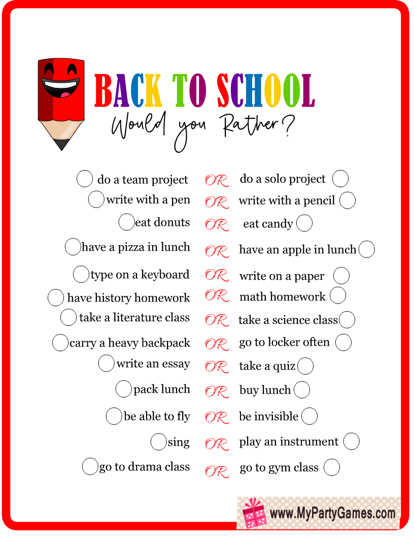 Free Printable Back-to-School Would You Rather? Game
