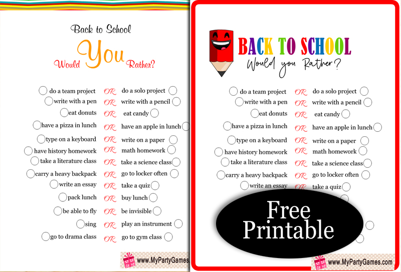 Free Printable Back-to-School Would You Rather? Game