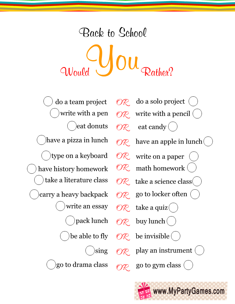 Back-to-School Would You Rather? Game Printable
