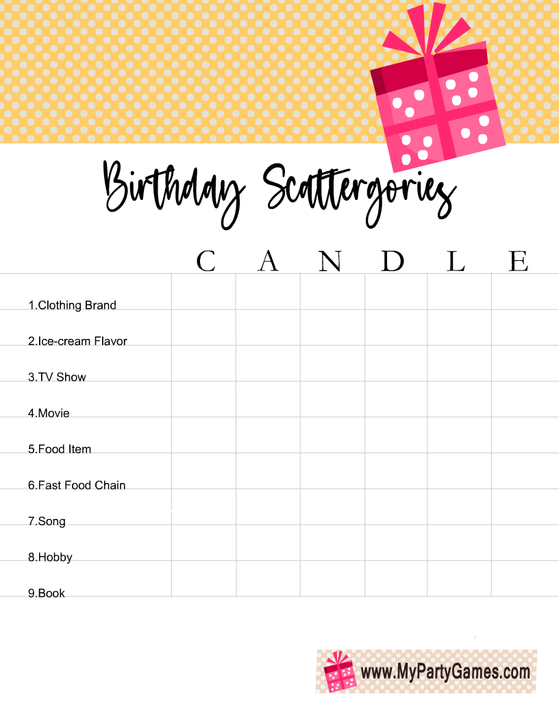 Free Printable Birthday Scattergories Game, Candle