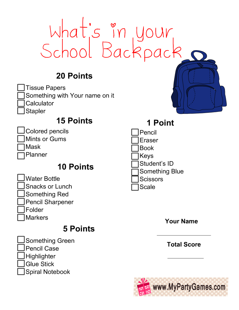 Free Printable What's in Your School Backpack? Game