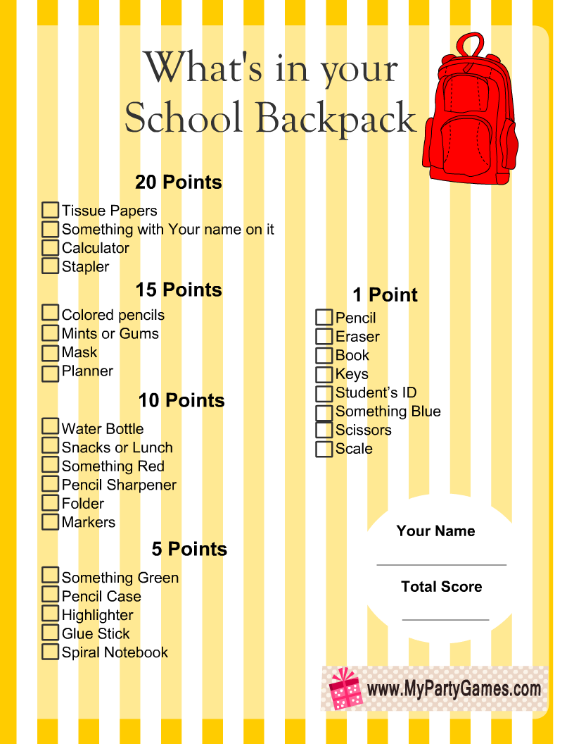 What's in Your School Backpack? Free Printable Game