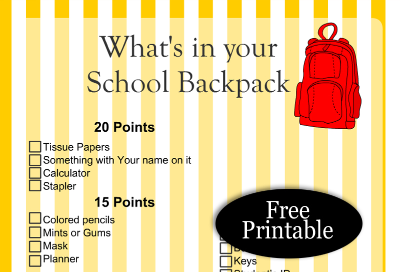 Free Printable What's in Your School Backpack? Game
