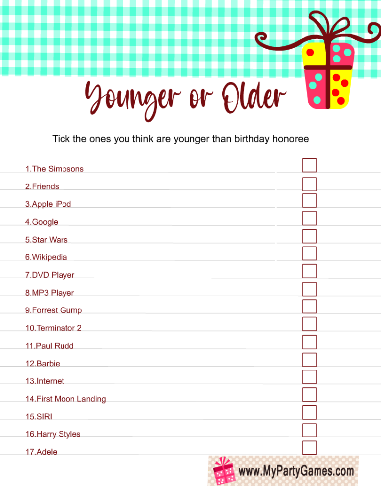 Younger Or Older Free Printable Birthday Game Younger Or Older Free Printable Birthday Game