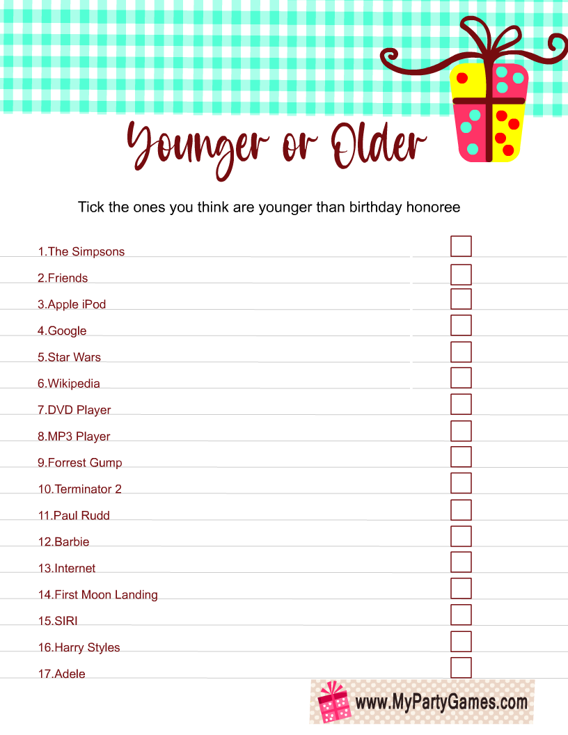Younger or Older, Free Printable Birthday Game