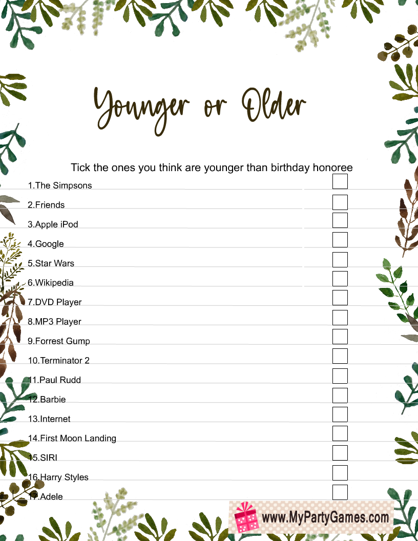 Free Printable Younger or Older Birthday Game