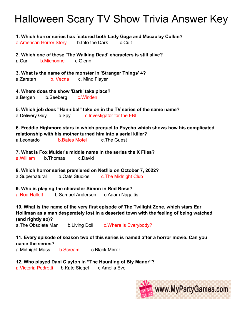 Free Printable Scary TV Show Trivia Quiz for Halloween Answer Key