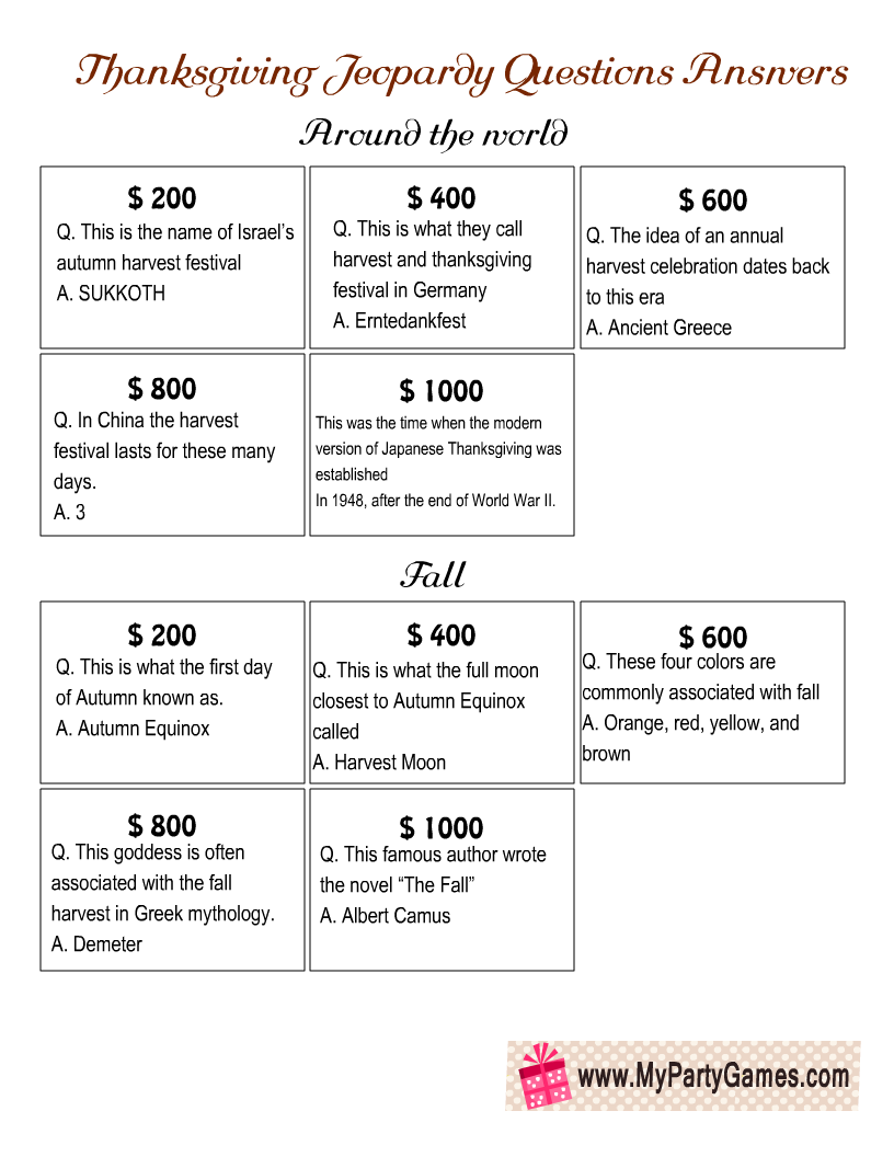 Free Printable Jeopardy-inspired Game for Thanksgiving questions and answers