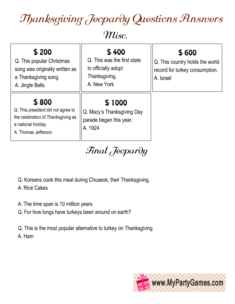 Free Printable Jeopardy-inspired Game for Thanksgiving  Q and A card